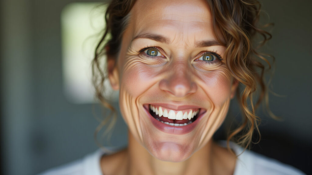 Mulher sorrindo com rugas de expressão, demonstrando a beleza natural do envelhecimento.