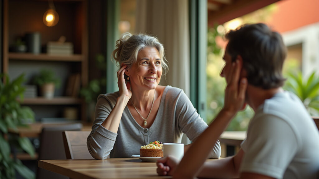 Woman in her 50s in a cozy Brazilian home, struggling to hear a friend at a vibrant outdoor cafe. Mulher com dificuldade para ouvir em ambiente ruidoso.