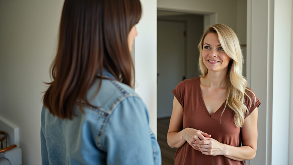 Mulher educadamente recusando convite, mantendo distância.