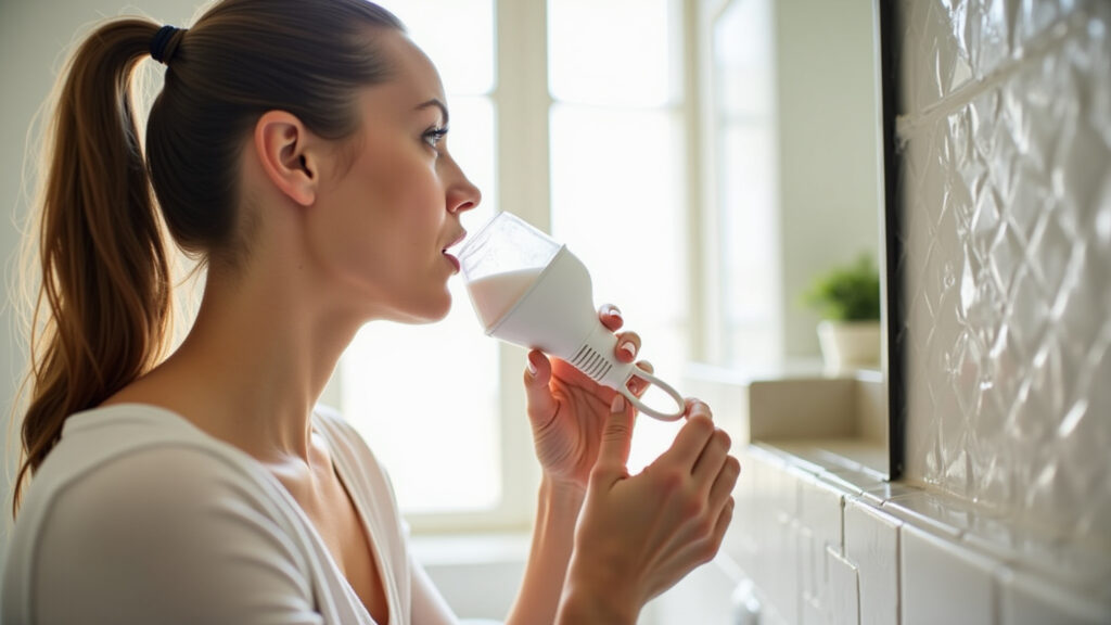 Woman using a neti pot for nasal rinse in a bright bathroom. Natural lighting, lifestyle Lavagem nasal com solução salina.