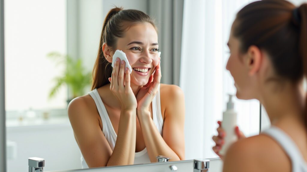 Woman washing face with gentle cleanser in bright bathroom, natural light, 8K quality, sharp focus, Mulher lavando o rosto com sabonete suave.