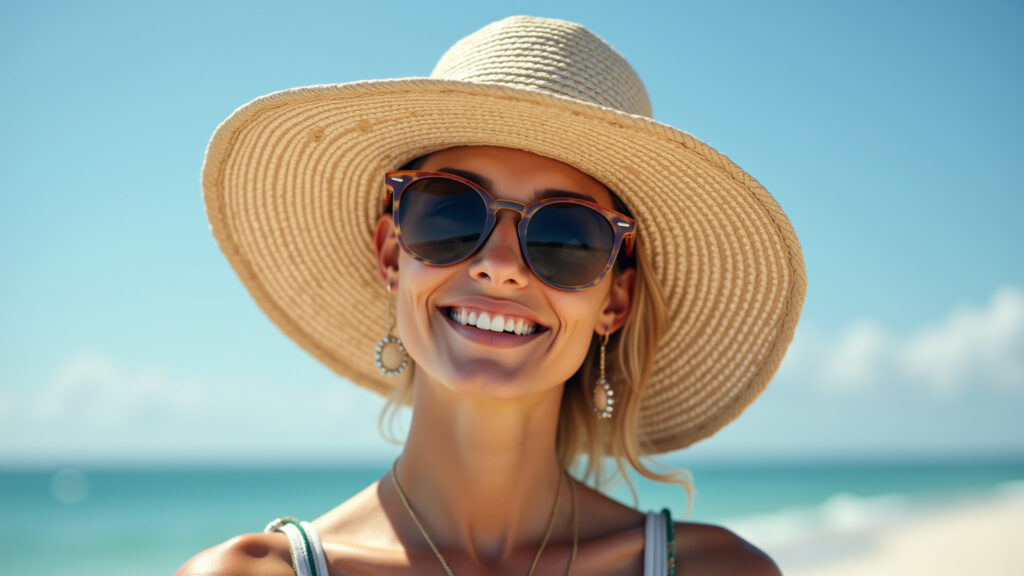 Woman wearing wide-brimmed hat and sunglasses on sunny day, beach setting, 8K quality, sharp focus, Mulher usando chapéu de aba larga e óculos de sol na praia.