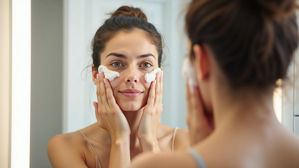 Woman with acne-prone skin washing her face with gentle cleanser, bright bathroom, natural light, Mulher lavando o rosto com sabonete suave para pele acneica.