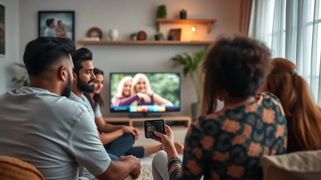 Amigos assistindo Netflix em um smartphone conectado à TV em sala no Brasil.