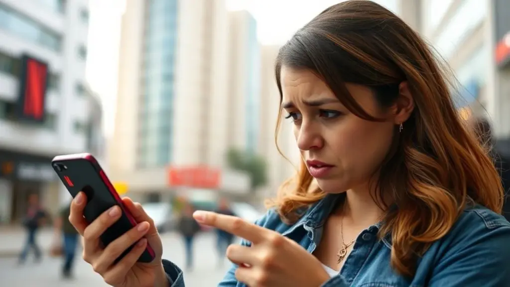 Problema no Netflix: mulher frustrada vendo mensagem de erro no celular em SP.