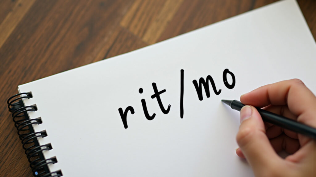 A hand separating the syllables of the word 'rit-mo' on a notepad, emphasizing the separation of Mão separando as sílabas da palavra 'ritmo' em um bloco de notas.