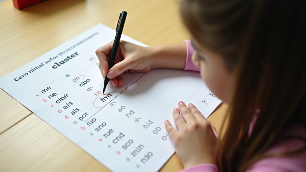 A person circling consonant clusters in a list of words on a worksheet. Natural lighting, sharp Pessoa circulando encontros consonantais em uma lista de palavras.