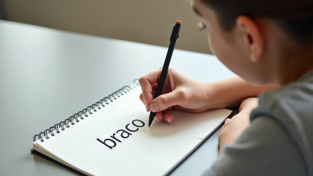 A student writing the word 'braço' in a notebook, emphasizing the 'br' consonant cluster. Estudante escrevendo a palavra 'braço' em um caderno.
