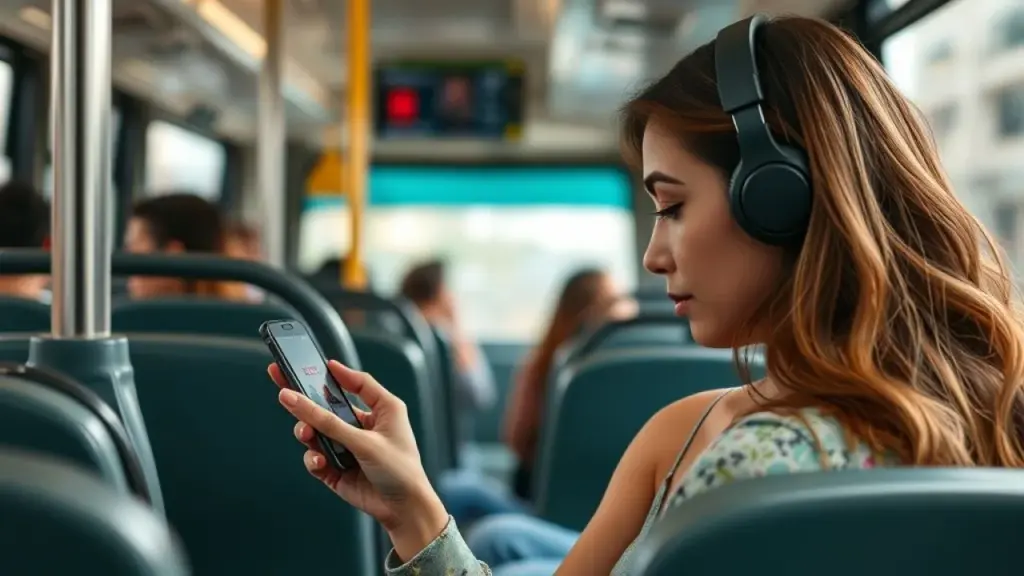 Mulher assistindo Netflix no ônibus no Rio de Janeiro, usando fones de ouvido.