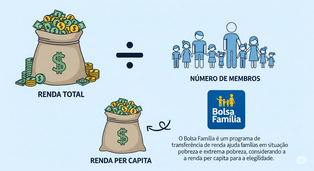 Ilustração do cálculo da renda per capita familiar: renda total dividida pelo número de membros.