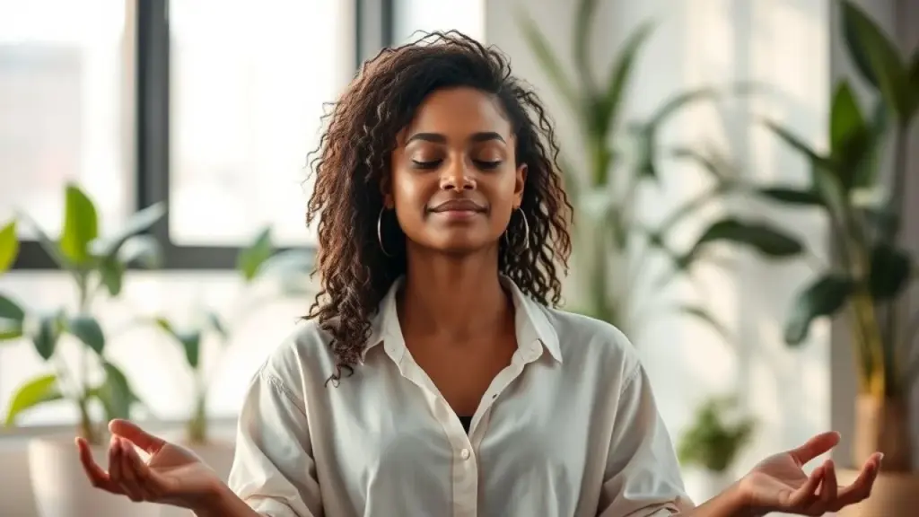 Brazilian professional meditating in a calm office environment during a break, professional Profissional brasileiro meditando em ambiente de trabalho calmo