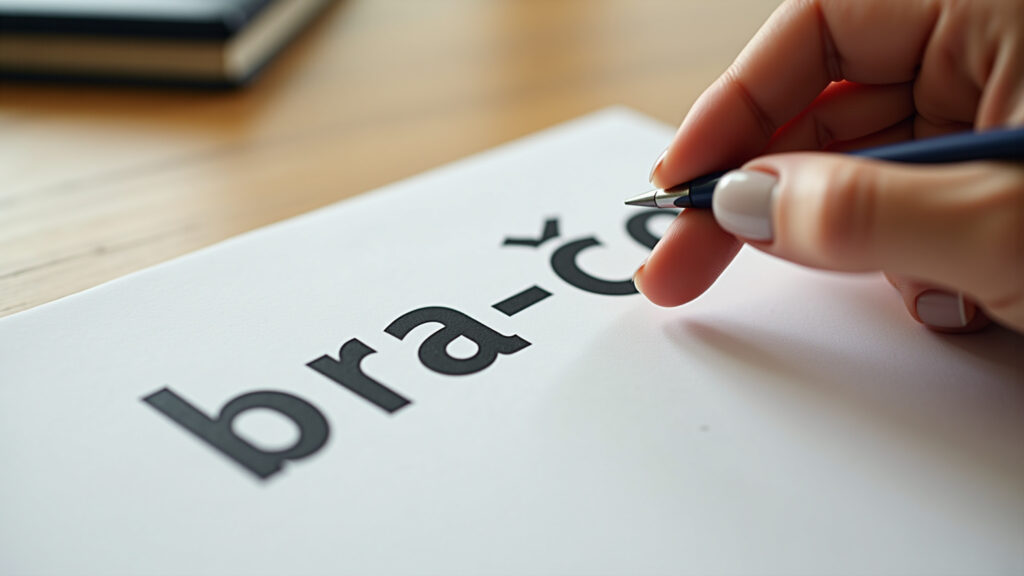 Close-up of a woman's hand separating syllables of the word 'bra-ço' on paper. Natural lighting, Mão separando as sílabas da palavra 'braço' em um papel.