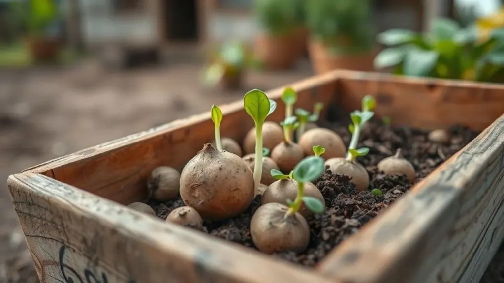 Close-up of sprouting potato seed with healthy green shoots in a rustic wooden crate, soft focus on Batata semente brotando, pronta para o plantio em uma fazenda brasileira.