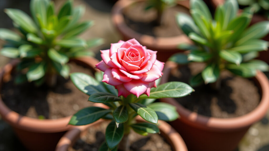 Desert rose in pot and garden, sunny location, professional photography, 8K quality, sharp focus, Rosas do Deserto em vasos e jardins ensolarados.
