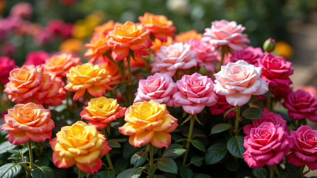 Diverse desert rose varieties, vibrant colors, arranged in a garden setting, professional Variedade de cores e formas das Rosas do Deserto.
