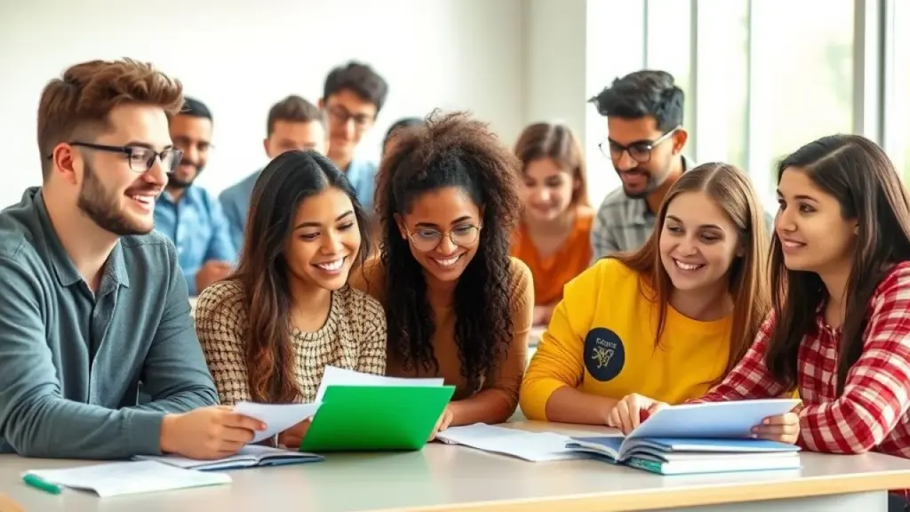Estudantes brasileiros estudando gramática portuguesa juntos em sala de aula.