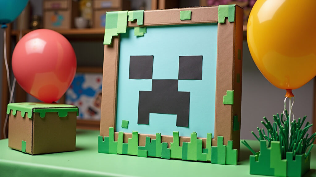 Decoração Minecraft DIY com materiais reciclados e balões.
