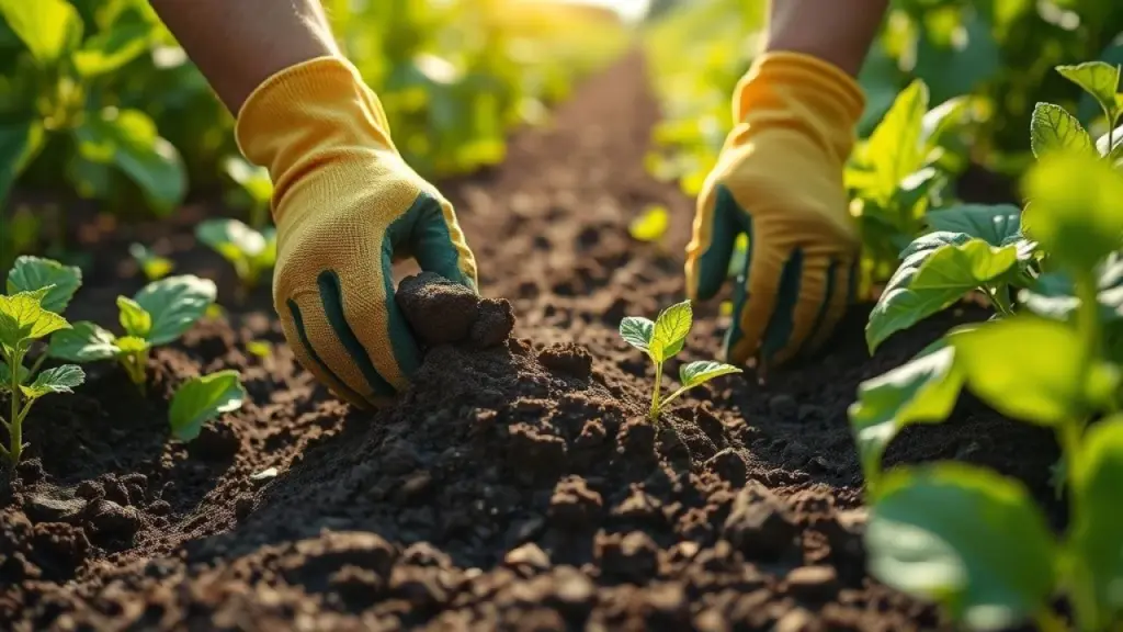 Lush Brazilian vegetable garden bathed in sunlight, rich dark soil being prepared with organic Preparando solo rico em matéria orgânica para plantio de batata inglesa em horta brasileira.