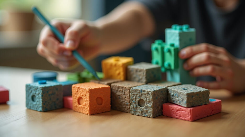 Blocos de Minecraft feitos de papelão para decoração.