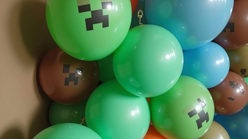Decoração de festa Minecraft com balões verdes, marrons e azuis.