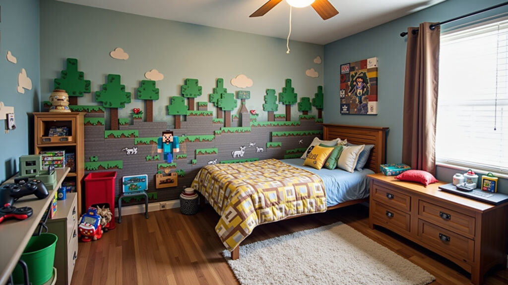 Quarto decorado com tema Minecraft, adesivos de parede e roupas de cama temáticas.