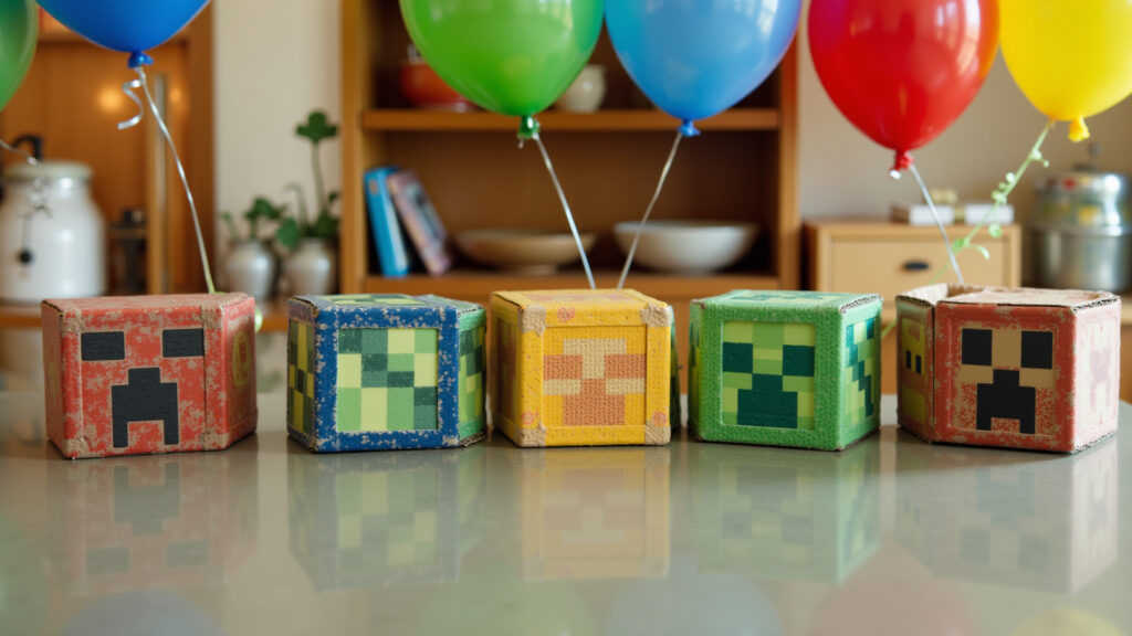 Decoração de festa Minecraft com blocos de papelão e balões coloridos.