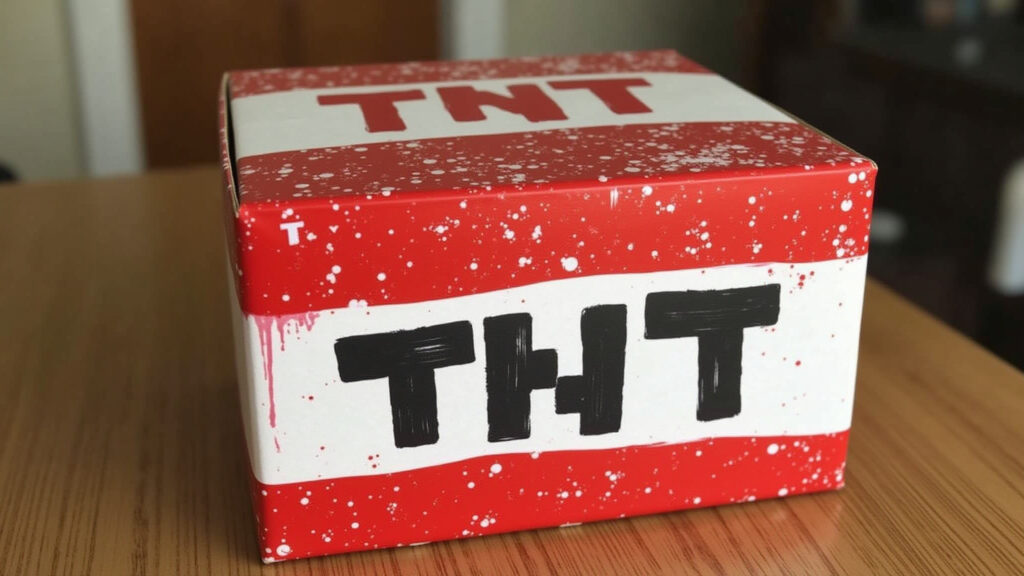 Réplica de TNT do Minecraft feita de papelão.