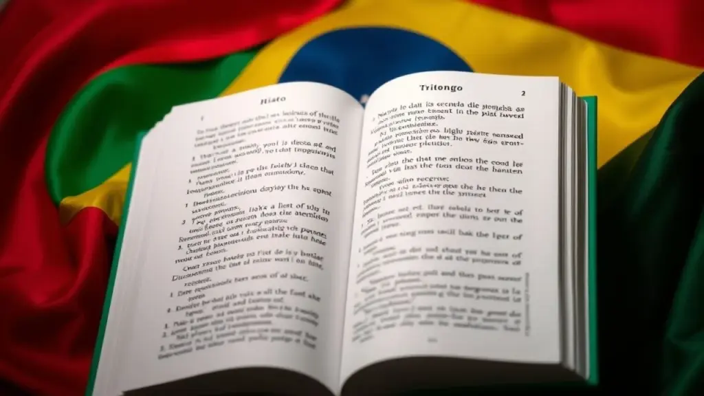 Livro de gramática portuguesa aberto com exemplos de hiato, ditongo e tritongo destacados.