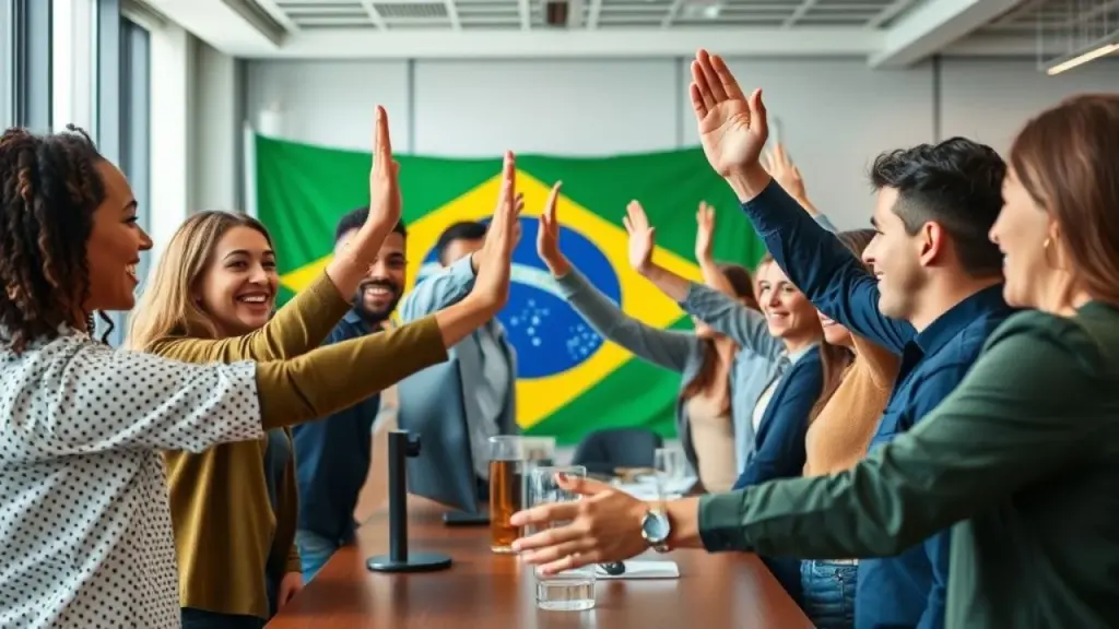 Professional commercial photography of a diverse Brazilian team celebrating a project success in a Equipe brasileira diversa celebrando sucesso em projeto