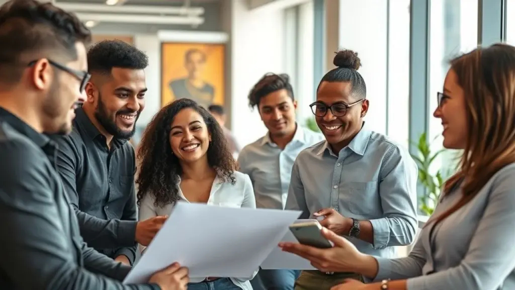 Professional photography of a diverse group of Brazilian entrepreneurs in a modern coworking space, Grupo de empreendedores brasileiros discutindo estratégias de negócios