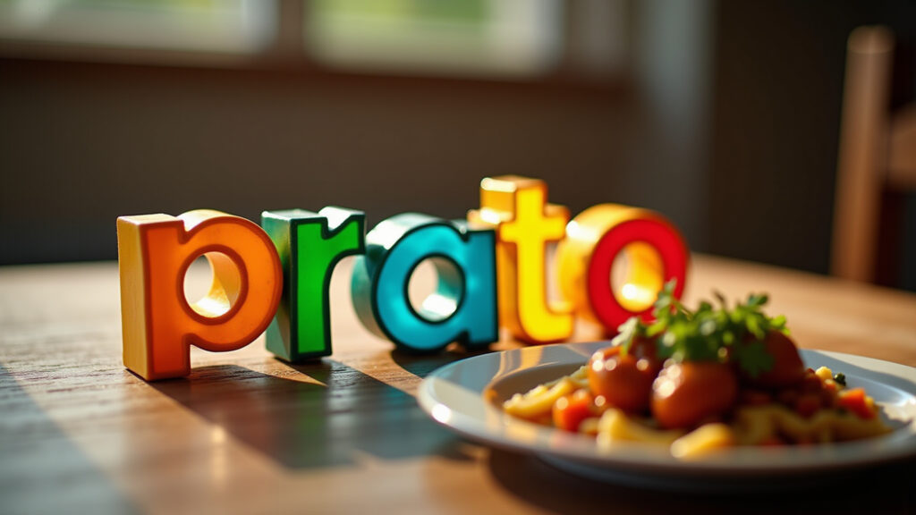 Professional photography of the word 'prato' with the 'pr' highlighted in a vibrant color, Palavra 'prato' com 'pr' destacado, ao lado de um prato brasileiro.