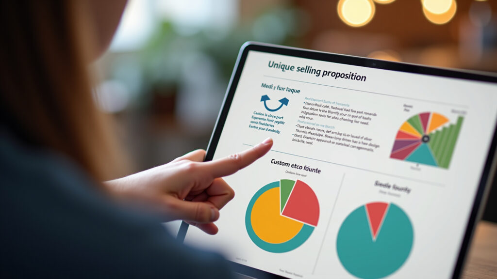 Unique selling proposition, market research, customer feedback, Brazilian design, vibrant colors, Descobrindo o diferencial único de uma empresa brasileira.