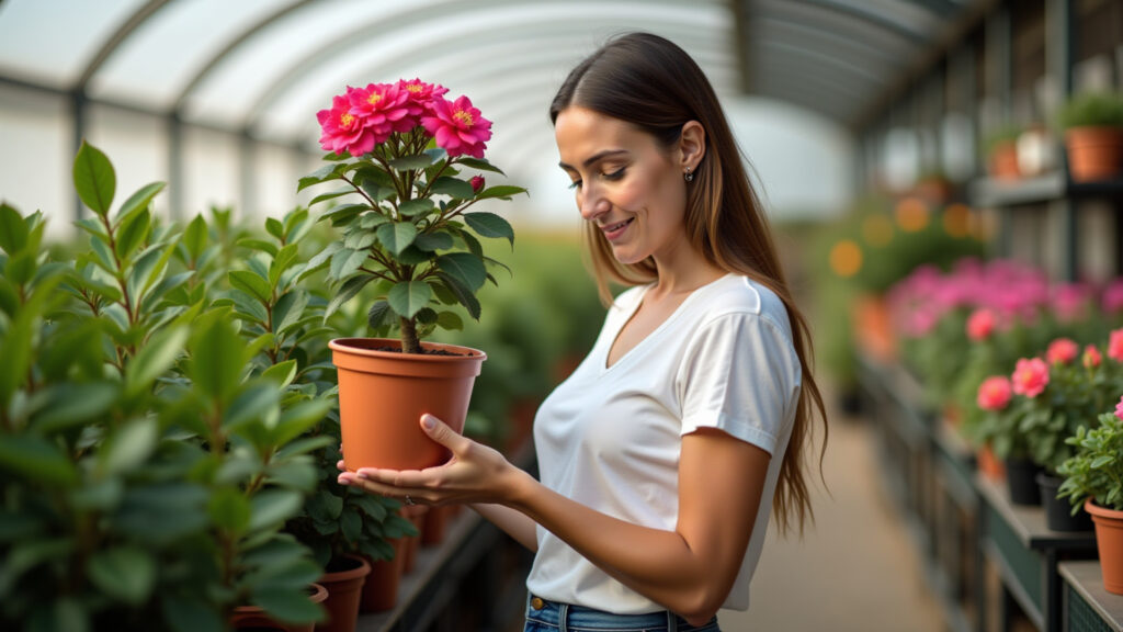 Woman buying desert rose at local Brazilian plant nursery, healthy plant selection, professional Mulher escolhendo Rosa do Deserto em viveiro.