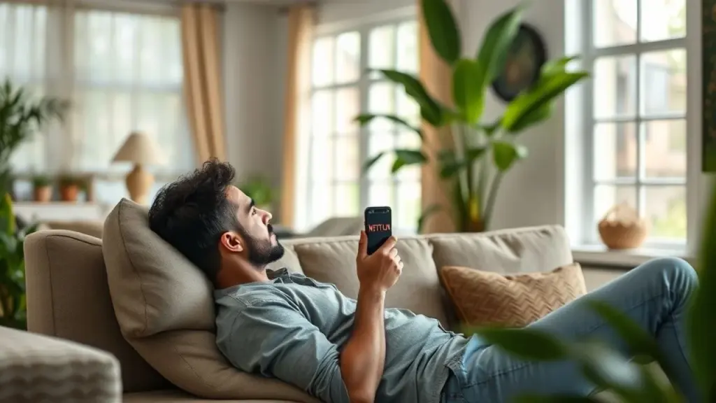 Pessoa assistindo Netflix no celular, relaxando no sofá em casa.