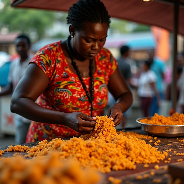 Acarajé sendo preparado por baiana em tabuleiro de rua, vestida com roupas típicas.