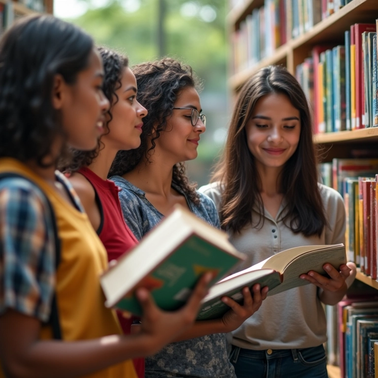 Adultos diversos escolhendo livros em uma biblioteca brasileira colorida e convidativa.