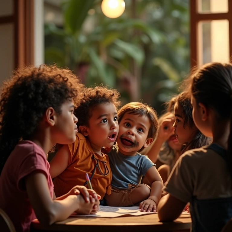 Adultos usando a criatividade para contar histórias com fantoches em um ambiente iluminado.