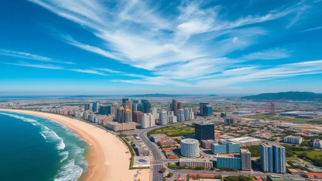 Aerial view of Balneário Camboriú beach and city skyline, showcasing modern infrastructure, Vista aérea da praia e cidade de Balneário Camboriú com infraestrutura moderna.