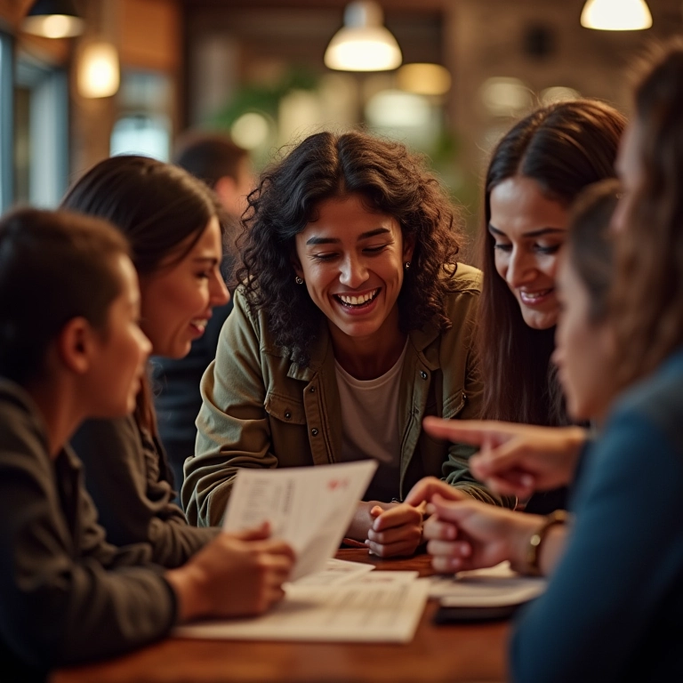Amigos escolhendo restaurante em Nova York, indecisos e animados.