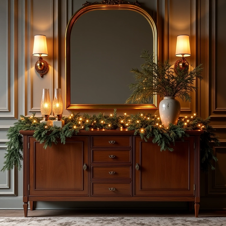 Aparador clássico com decoração natalina e detalhes em dourado.