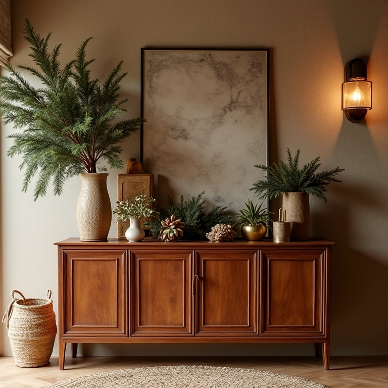 Decoração de Natal Para Aparador: 20 Ideias de Destaque Aparador decorado para o Natal com estilo brasileiro e toques dourados.