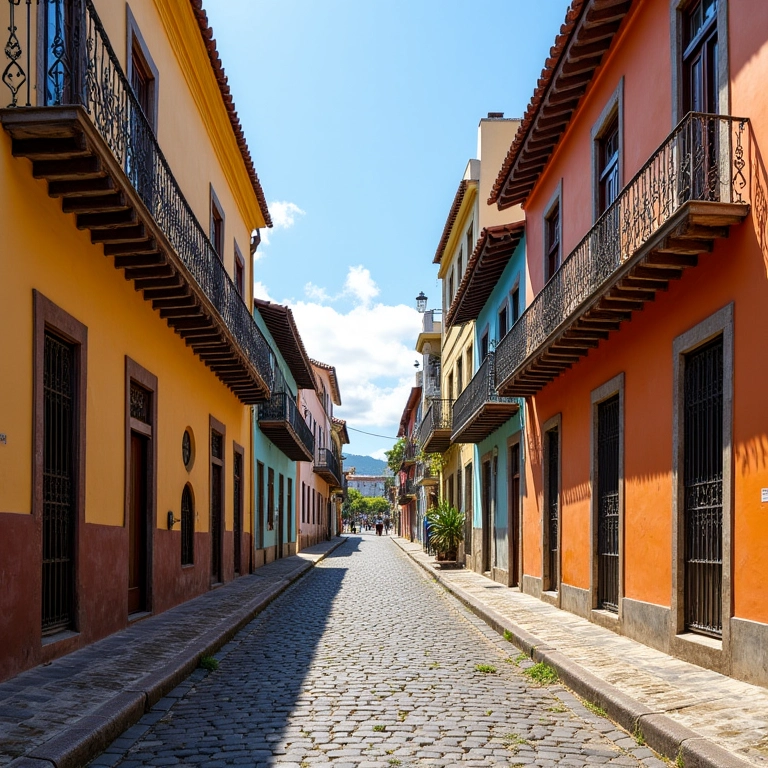 Arquitetura colonial preservada no centro histórico de Florianópolis, com casarões coloridos e ruas de paralelepípedos.