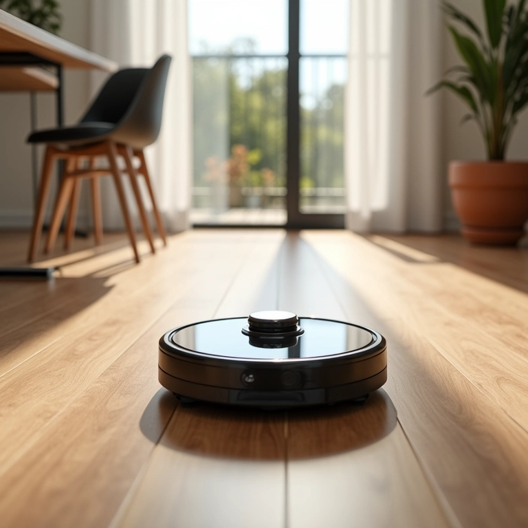 Aspirador robô limpando piso laminado.