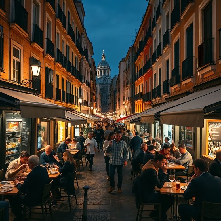 Bairro de La Latina à noite com pessoas em bares e restaurantes.