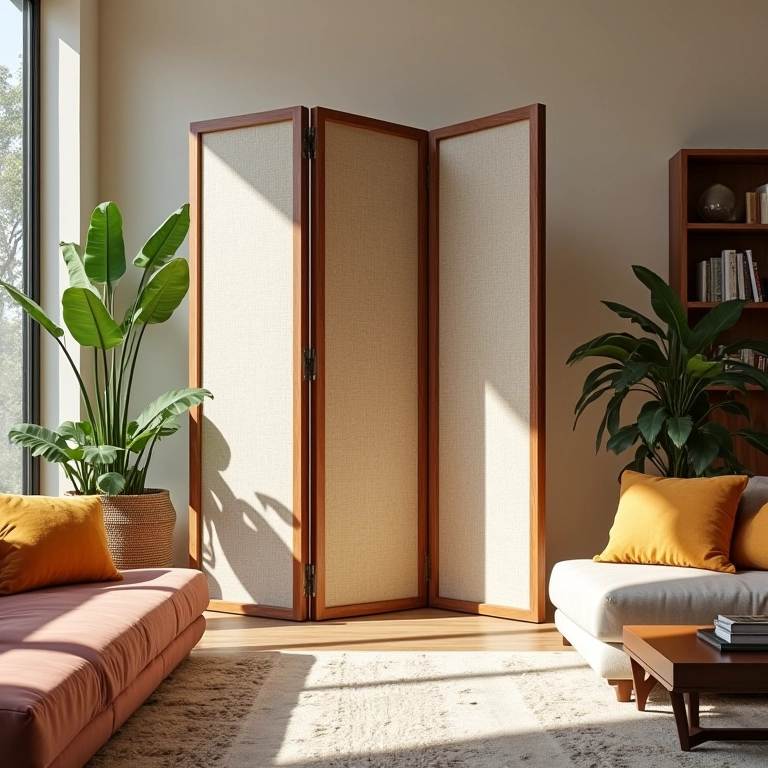 Biombos na Decoração: 10 Formas Criativas de Usar a Peça Biombo decorativo dividindo um espaço de estar com estilo brasileiro e iluminação natural.