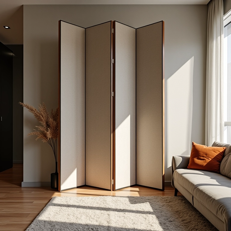 Biombo dividindo ambientes em um apartamento studio, com decoração brasileira e luz natural.