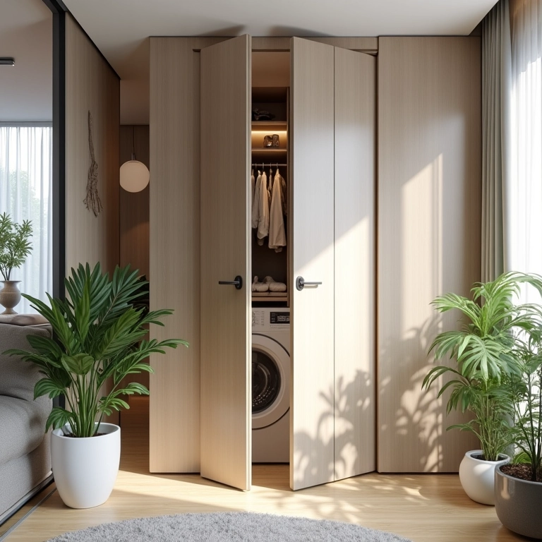 Biombo escondendo área de serviço em apartamento moderno, com plantas e decoração alegre.