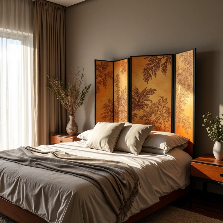Biombo usado como cabeceira de cama diferenciada em quarto com decoração brasileira.