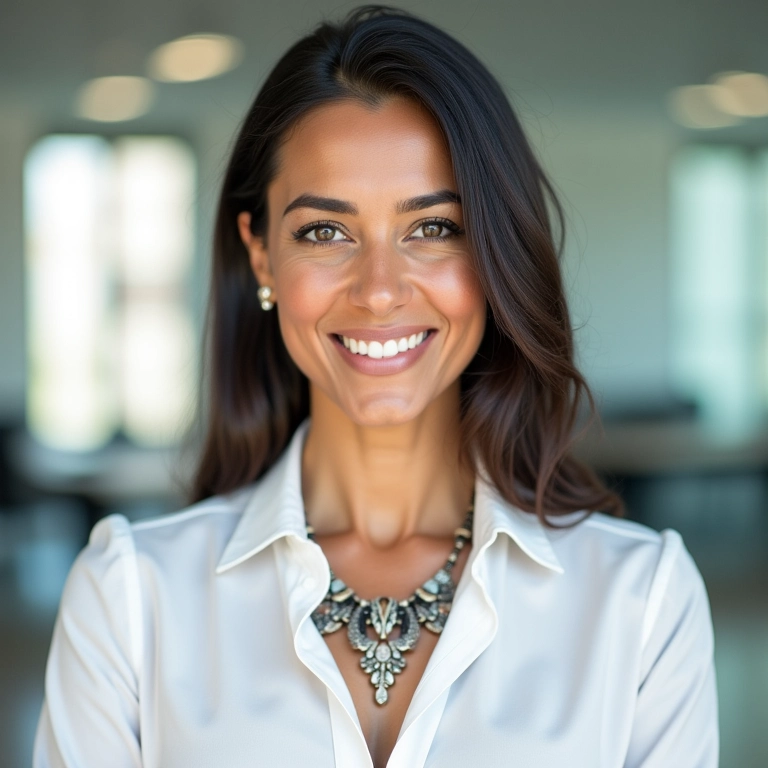 Blusa branca e colar elegante valorizando o estilo de consultora de viagem.