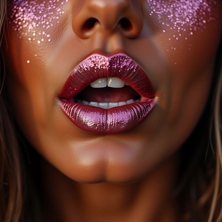 Boca com glitter prateado, maquiagem para festival.